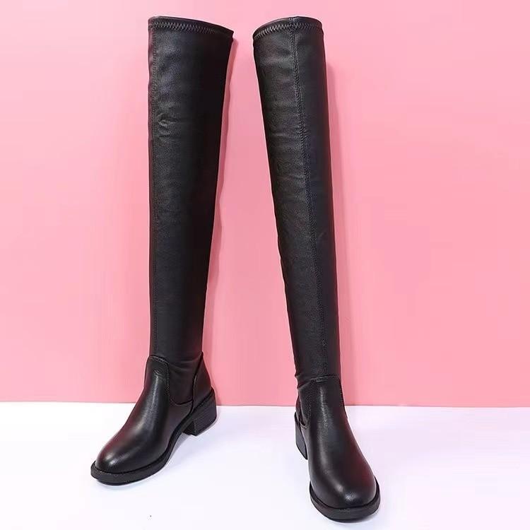 Large size high boots women's over-knee elastic boots women's winter velvet long boots round head thick heel Martin boots tide