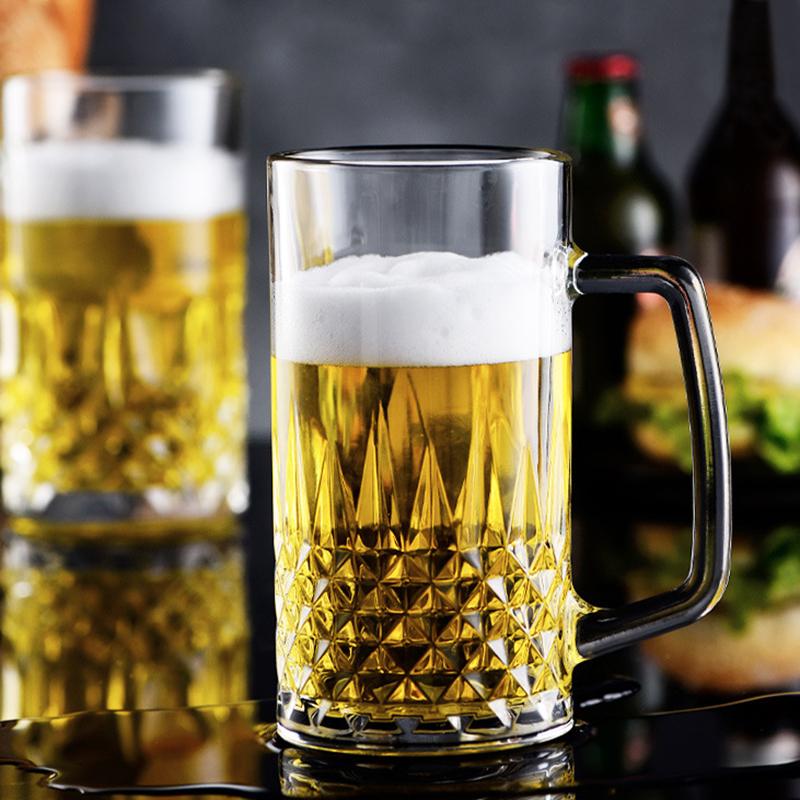 550ml Transparent Beer Cup Bar Craft Beer Glass Creative Drinkware Diamond Carved Wine Glass Thick Bottomed Tea Mug with Handle