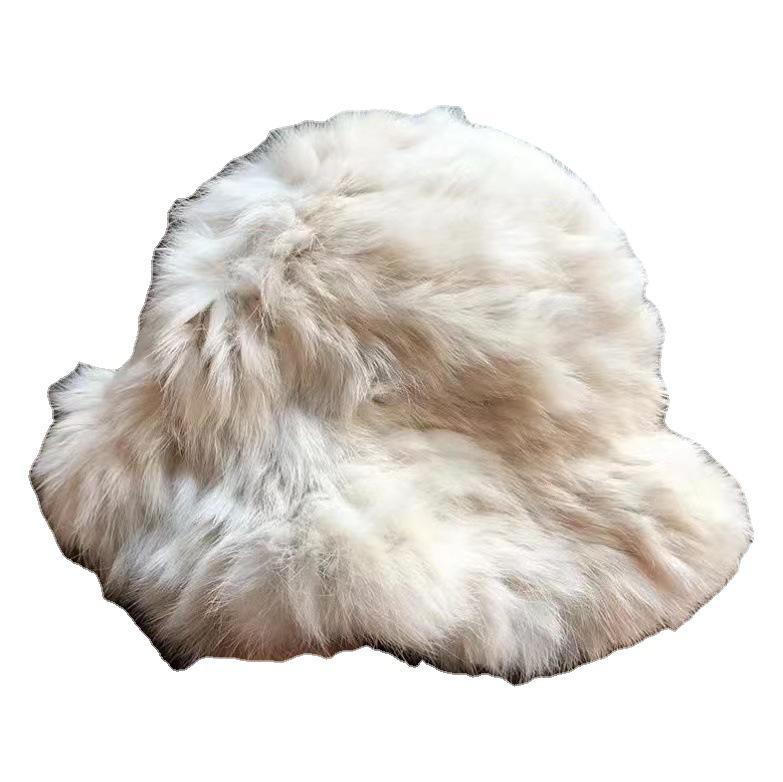 Autumn and winter cloud plush hat women's thermal basin hat big head circumference shows small face fluffy rabbit fur hat
