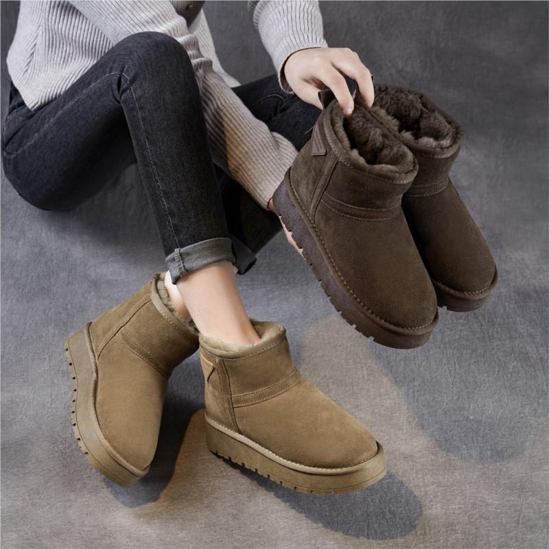 Johnature Genuine Leather Thick Soled Snow Boots Cow Suede And Plush Warm Women's Cotton Shoes