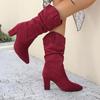 New Pointed Toe Pleated Boots for Women Winter Chunky Heels Flock Folding Knee High Boots Party Comfy Women Shoes Big Size 42