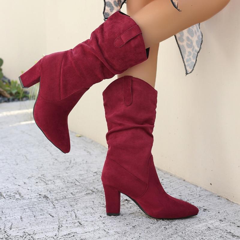 New Pointed Toe Pleated Boots for Women Winter Chunky Heels Flock Folding Knee High Boots Party Comfy Women Shoes Big Size 42