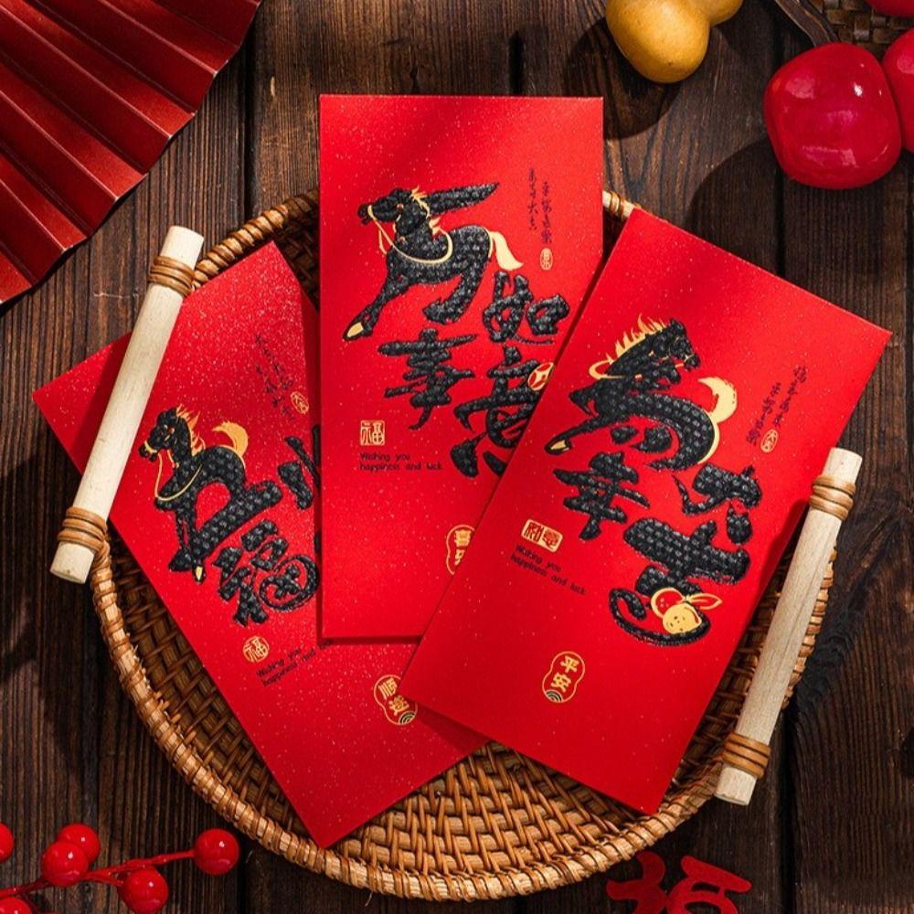 6pcs Cartoon New Year Red Envelopes Traditional 2026 Horse Year Spring Festival Red Packets Blessing Words Hongbao