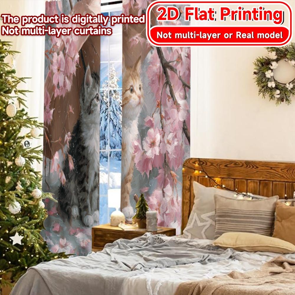 Set Of 2 Flat Printing Blossom Kittens Chic Curtain Durable Polyester Fabric Curtains Home Decor Suitable Living