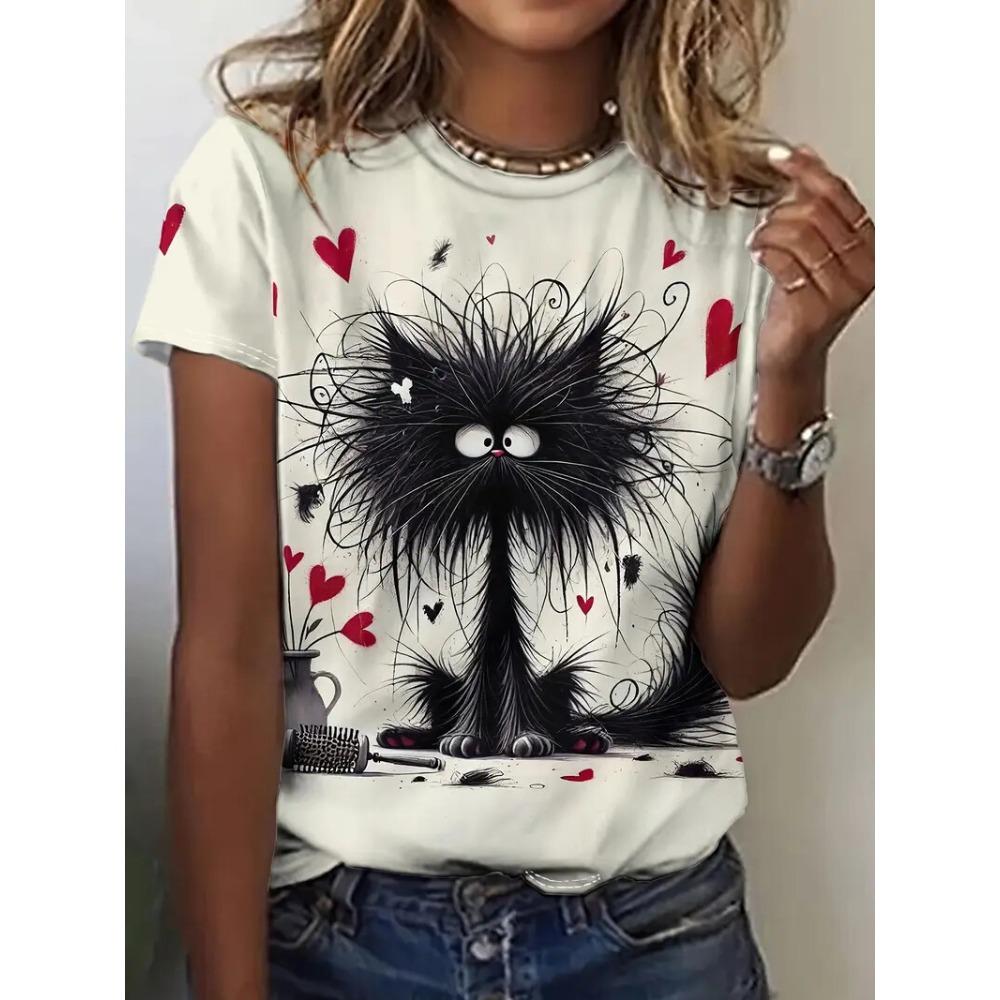Damen T-Shirt Lustiges Tier Katze 3D Druck Sommer Rundhals Kurzarm Outdoor Freizeit T-Shirts Damen Kleidung