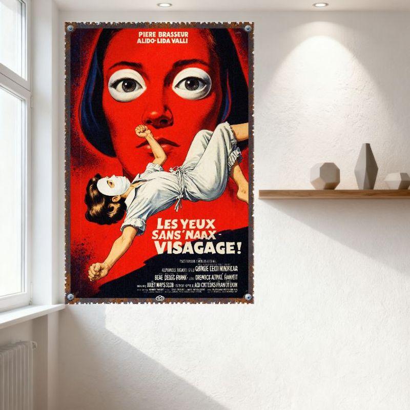 Vintage Les Yeux Sans Visage Movie Poster Metal Tin Sign, Red Background Rusty Border, Horror Film Decor for Bar Pub Home Cafe W