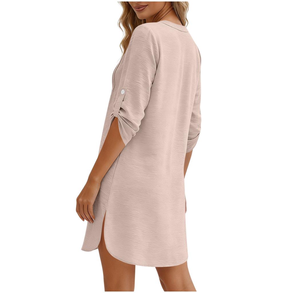 Women’s V Neck Button Down Tunic Shirt Dress with 3/4 Roll Tab Sleeves and Pintuck Front Casual Loose Fit