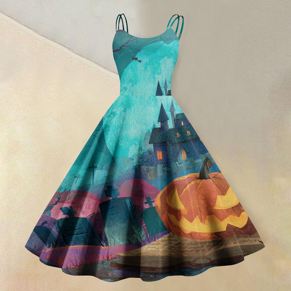 Women's Sleeveless Casual Dress with Halloween Print Round Neck Vintage Style Fit and Flare Midi Dress for Everyday Wear