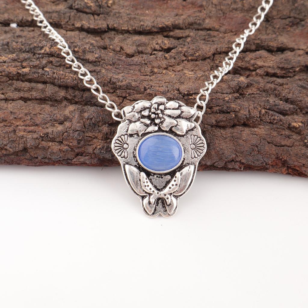 Dark Blue Cat's Eye Gemstone 925 Stamped Silver Jewelry Handmade Stylish Pendant CP-6-48