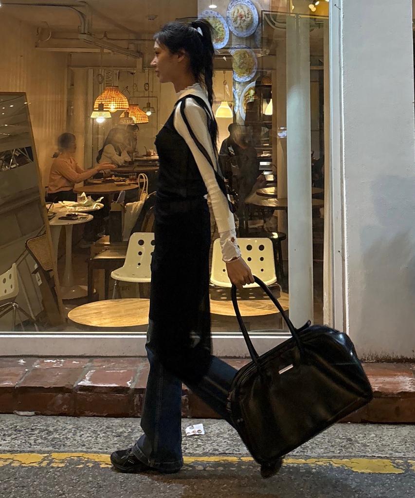 Macoi Leather Classic Long Handle Big Shoulder Bag [Black]