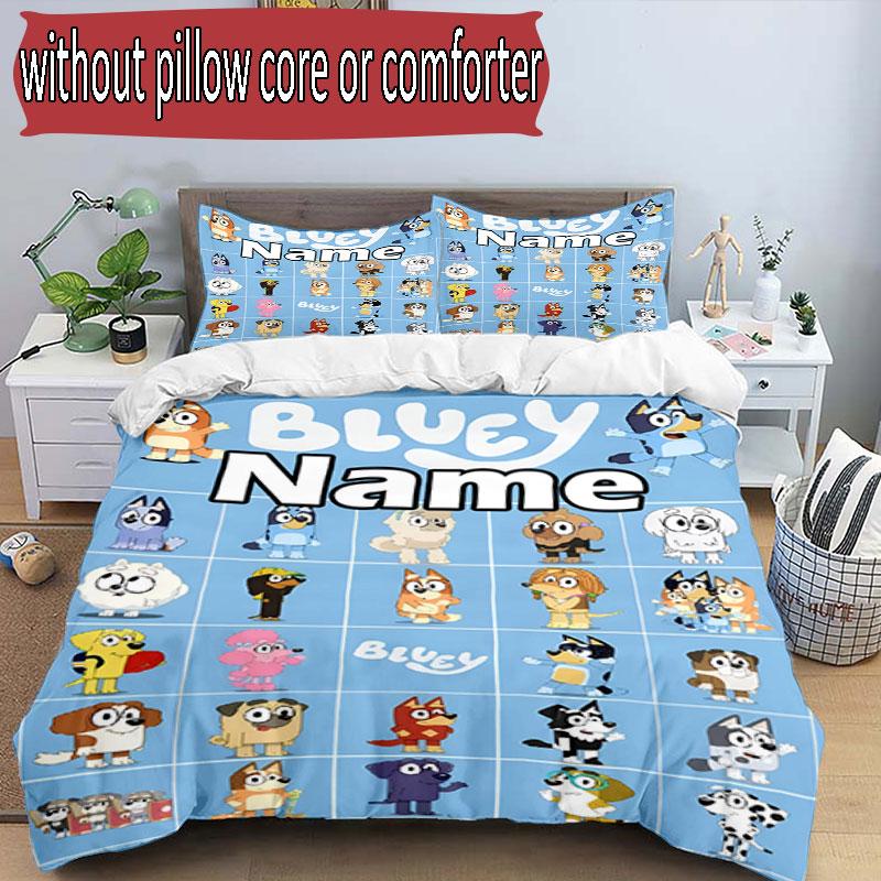 3pcs Duvet Cover Set (1*Duvet Cover + 2*Pillowcase, Without Core), Custom Name Bluey Pattern Bedding Set, Home Bedroom Decor Gift