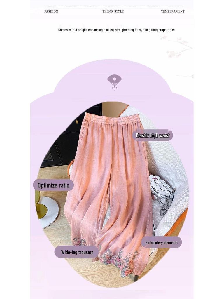 Pantaloni de damă verzi brodați din bumbac și in cu picior larg - Colecția Vară 2024