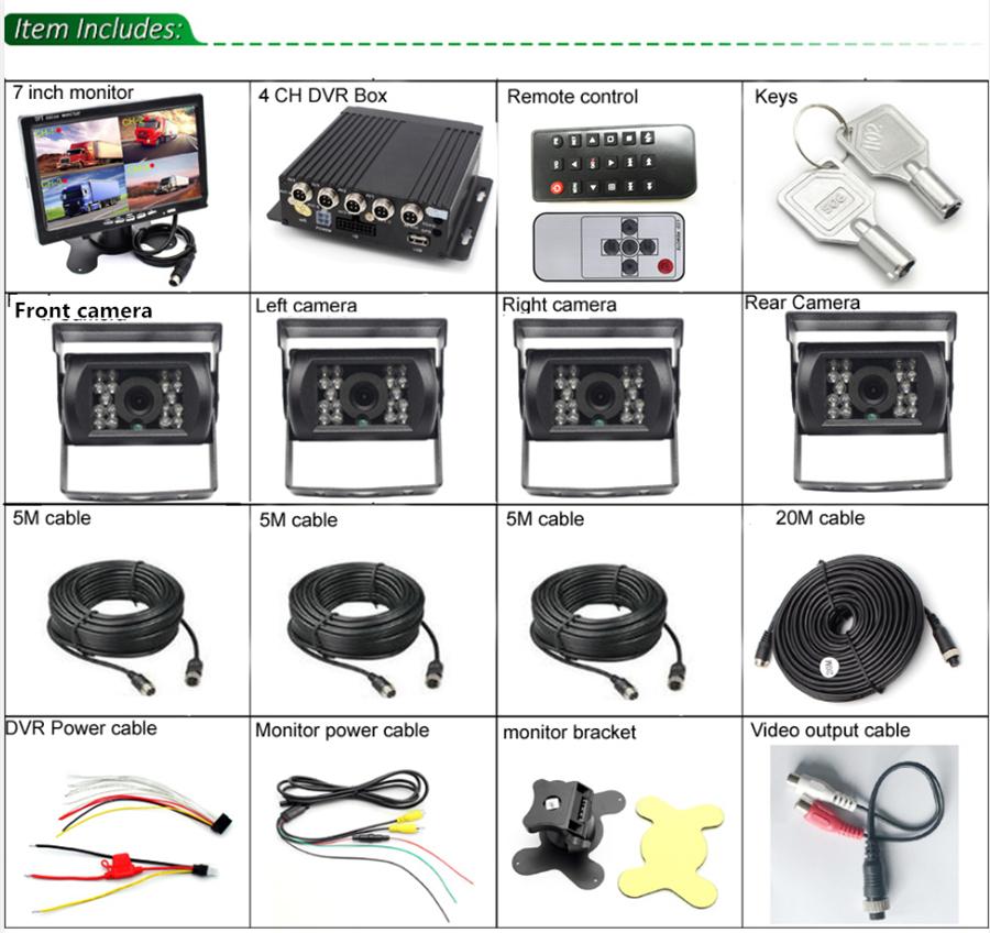 720P 4CH H.264 Car Vehicle DVR Video Recorder Box With 7" HD Car Monitor 4Pcs CCD Front Rear Side Camera For Truck Van Bus