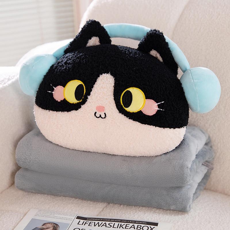 

Cat Plush Animal Cartoon Pillow Blanket Combo For Office Nap And Travel Comfort Black,80x100cm