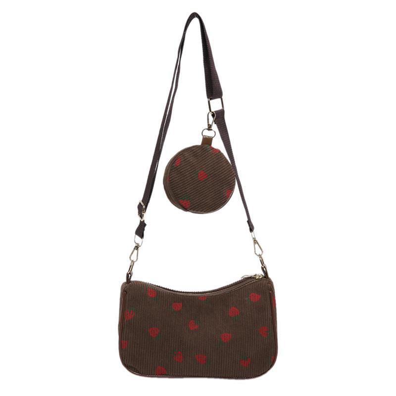 Corduroy Strawberry Print Shoulder Bag Fashion Girl Pillow Bag For Daily Casuals
