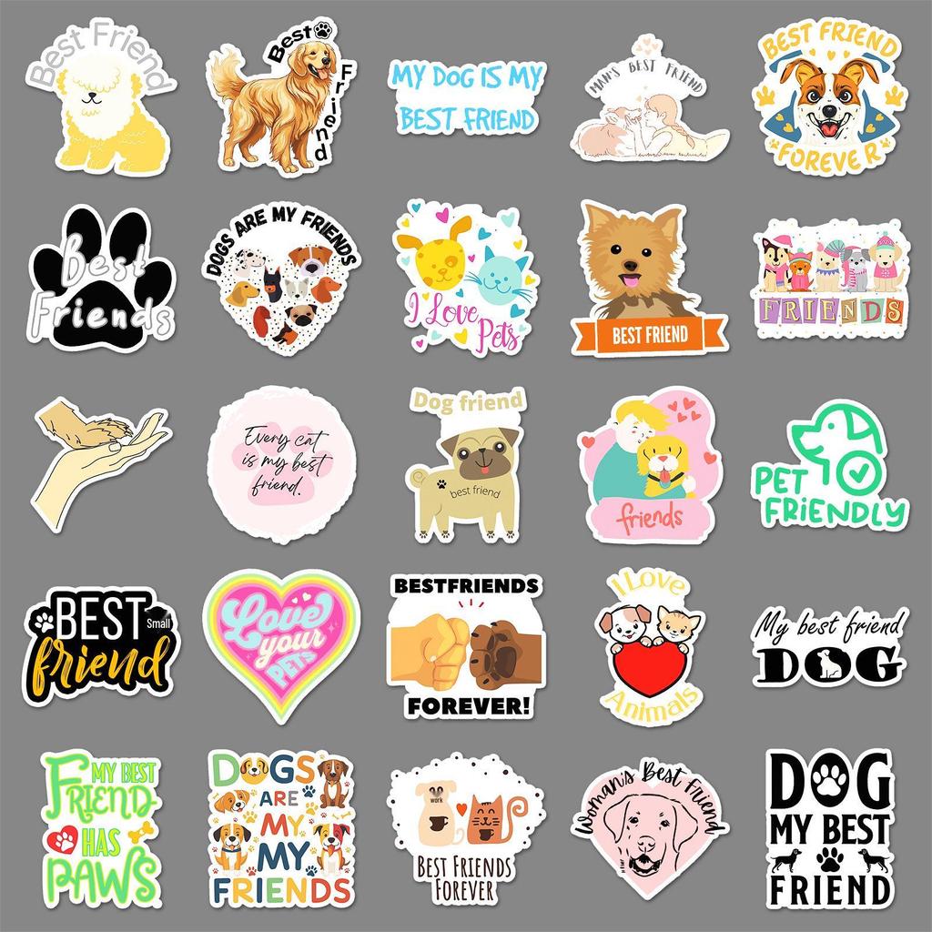 50PCS Pet Friends Graffiti Stickers - Cute English Phrases for Phone Cases & Luggage.