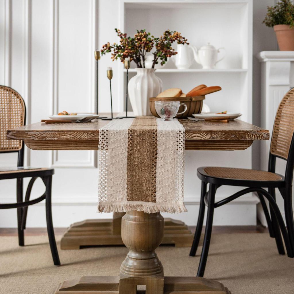 Yun Cotton-Linen Patchwork Table Runner with Two-Color Tassels - Natural Material, American Country Festival Style