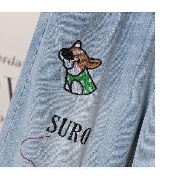 Embroidered Jeans Women's Loose Straight Tube Elastic Waist High Waist Spring and Autumn Cropped Pants