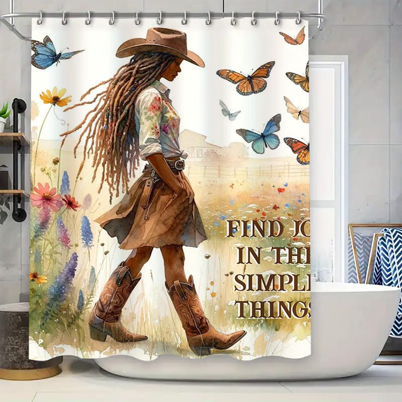 

Country Style Printed Shower Curtain featuring a Woman Walking with Butterflies Rustic Home Decor Bathroom Accessory in White Br 90x180cm