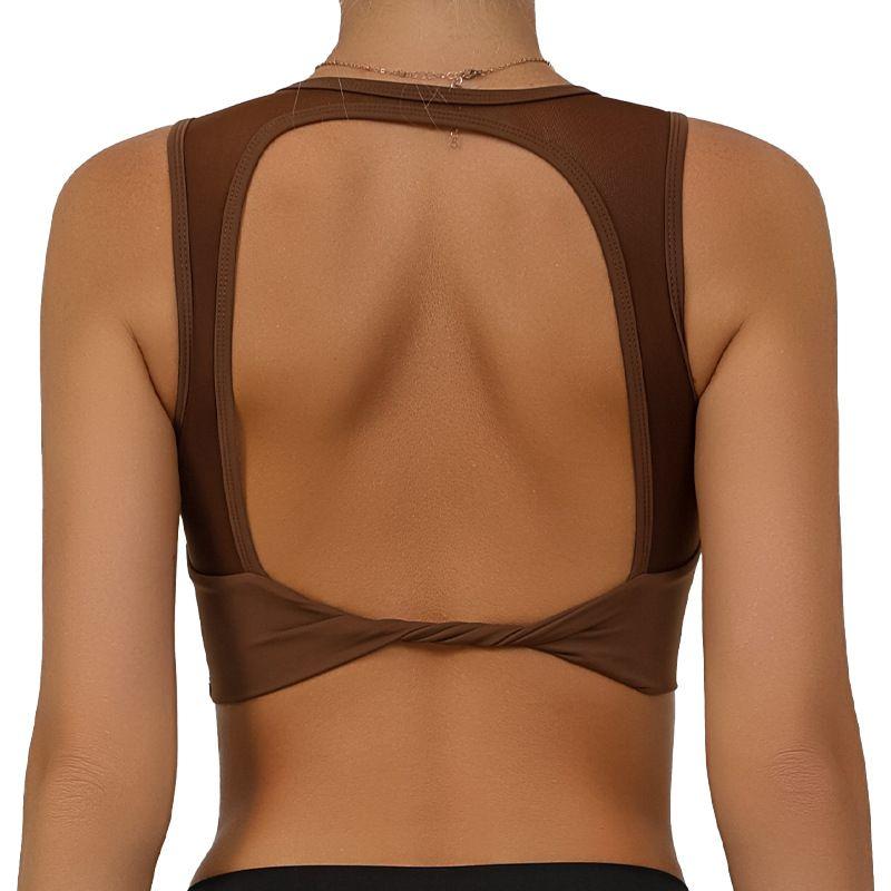 

Sports Bra Fitness Vest for Women with Chest Pad High Elastic Breathability Push up Mesh Yoga Intimates Quick-Drying Tops Open Back L Brown