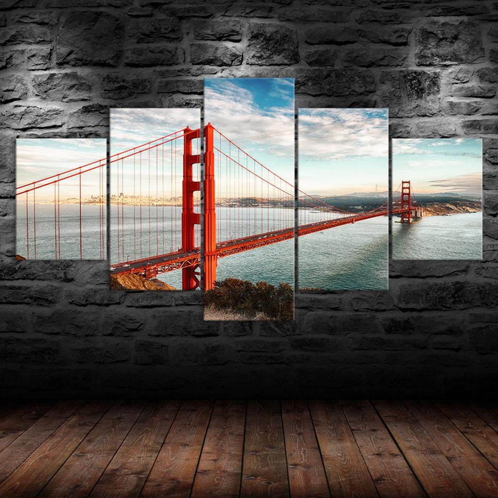 Golden Gate Bridge Landscape 5 Piece Five Panel Wall Canvas Print Modern Art Poster Picture Home Decor Gift For Him For Her