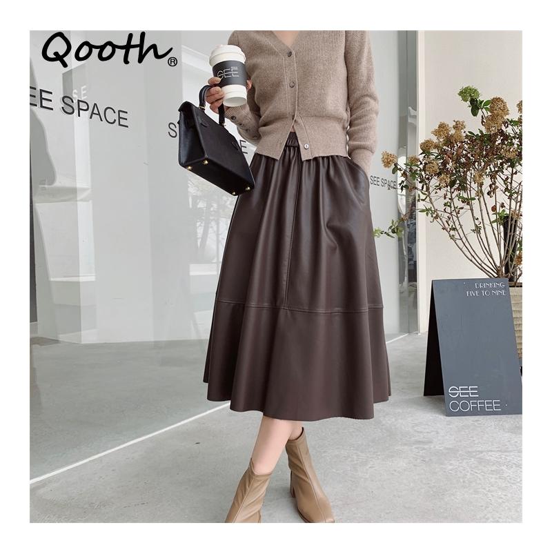 Qooth Autumn Winter Elastic Waist PU Leather Skirt  Casual Slim A-line Mid Length Skirt with Pocket QT2529
