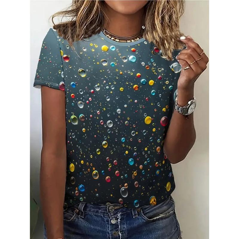 Summer Round Neck 3D Water Droplet Printed Top Fashionable Casual Short Sleeved Women's T-shirts