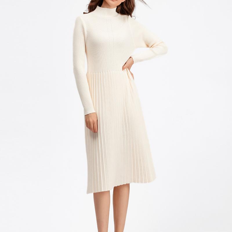 Women's Autumn Winter Plain Knitted Turtleneck Long Sleeve High Waist Sweater Dress