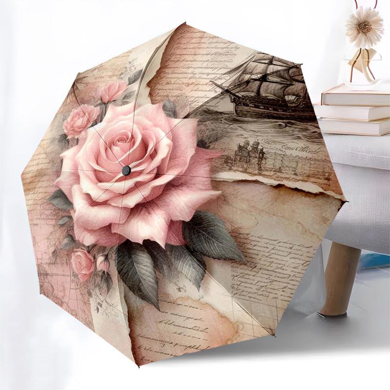 1pc Vintage Rose Nautical Map Umbrella with Plastic Handle,Compact & Stylish,Suitable for All Seasons Ptys26011