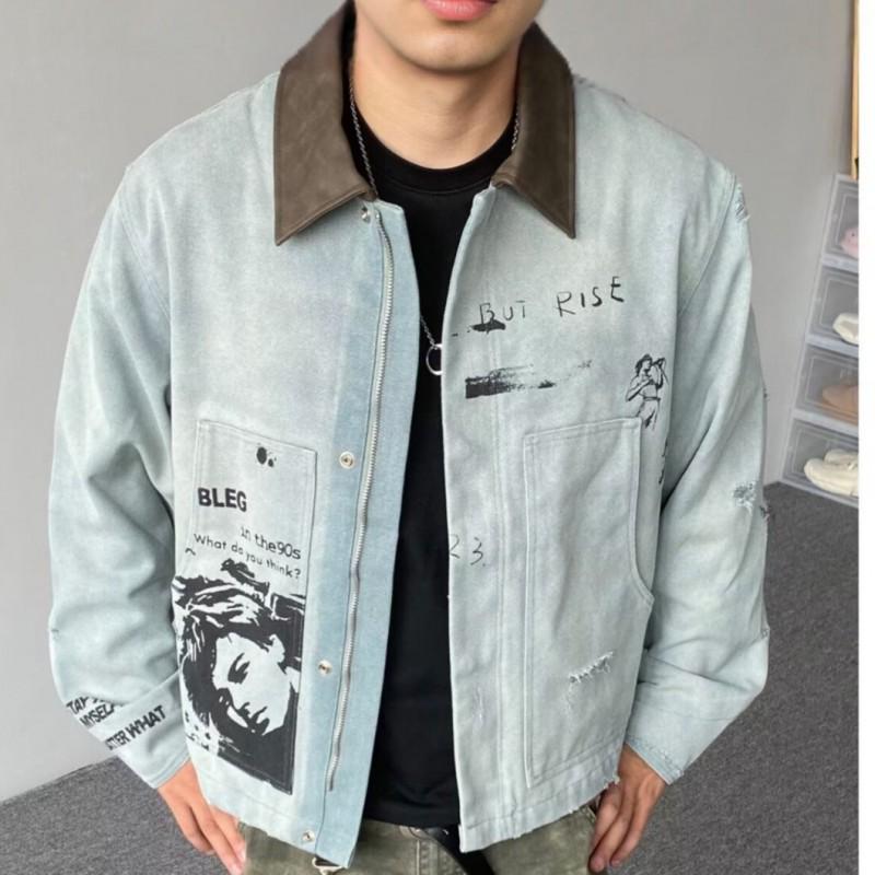 Mens Vintage Washed Workwear Jacket Loose Fit Turn-Down Collar Short Cut Casual Print Outerwear Fall