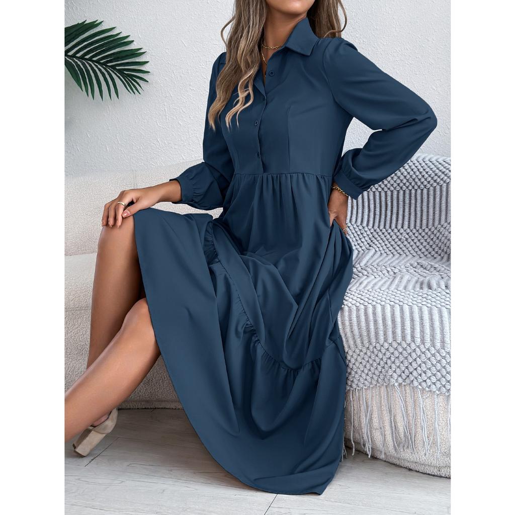 GMXIA Autumn and Winter Lapel Casual Loose Long-sleeved Ruffled Shirt Dress for Women