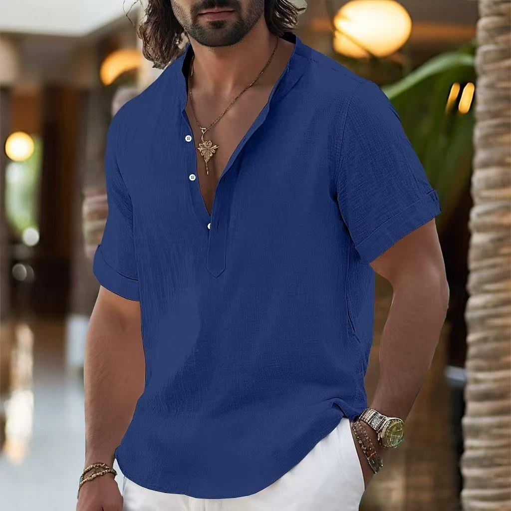 Men's Linen Shirts Short Sleeve Button Up Neck Stand Collar Casual Summer Home Daily Shirts