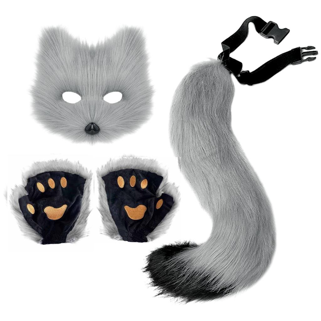Fluffy Fur Fox Tail Keychain Cat Paws Gloves And Wolf Therian Mask Set For Halloween Cosplay Costume Accessories Mask Sets