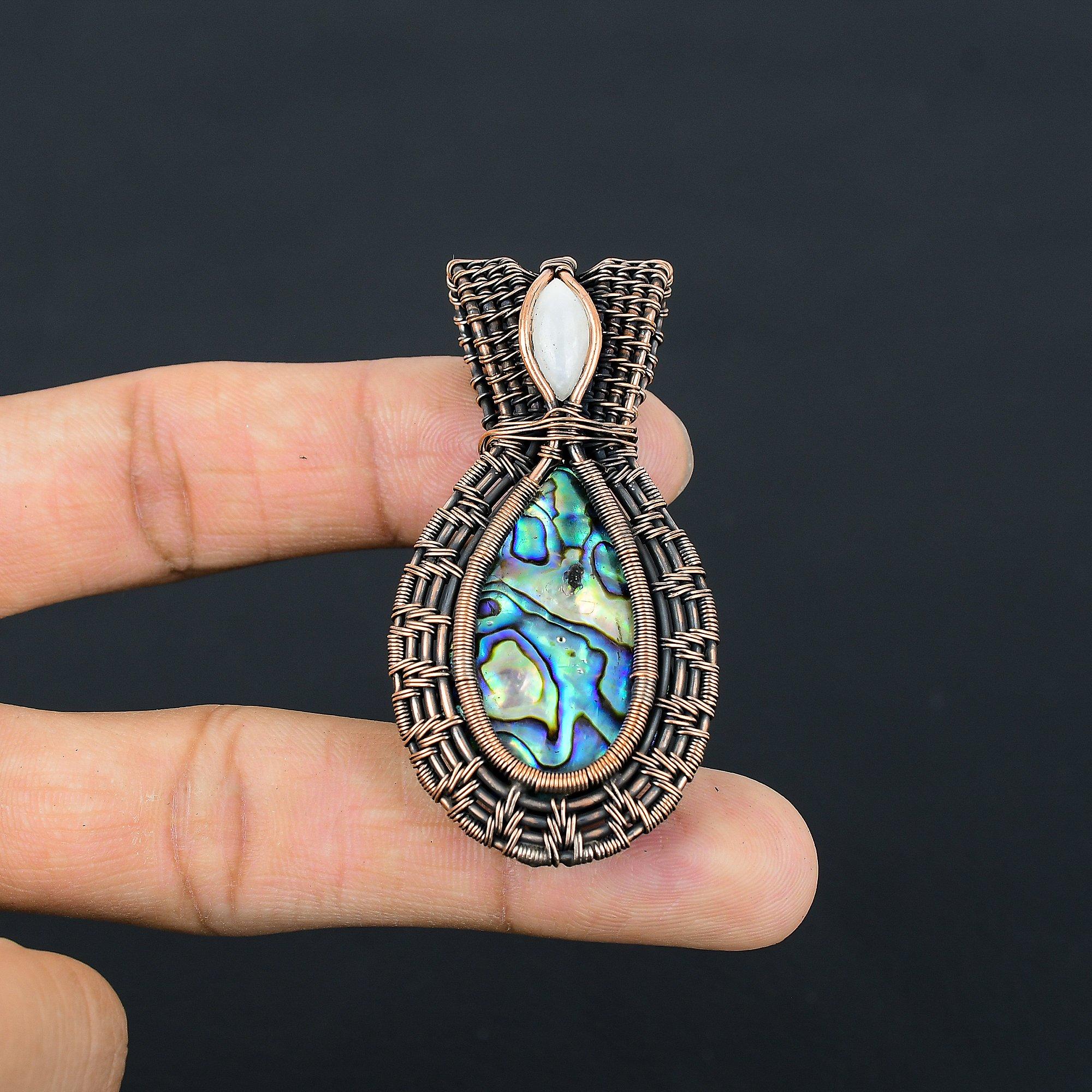 

Abalone Shell & Moonstone 999 Copper Wire Wrapped Pendant, Handmade Gemstone Pendant Jewelry, Gifts For Wife Brand New Pendant 2.55 Inches