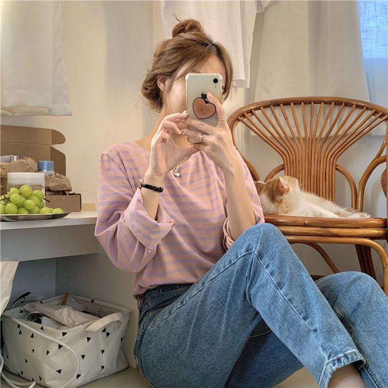Damen Gestreiftes Langarm-T-Shirt - Herbststil 2025, Rundhalsausschnitt, Lockere Passform, Koreanisch inspiriert, Vielseitiges Basic-Oberteil.