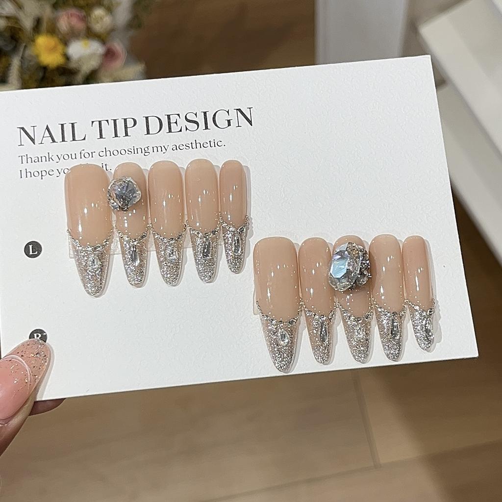 Miu-style Nude Color Nude Fingertip French Shattered Diamond Light Luxury Wear Armor