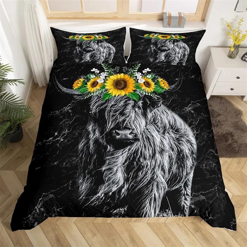 Hochlandrind Bettbezug Bulle Sonnenblume Kuh Bettwäscheset Queen Für Jungen Männer Mikrofaser Wildtiere Bauernhaus Tier Bettdeckenbezug