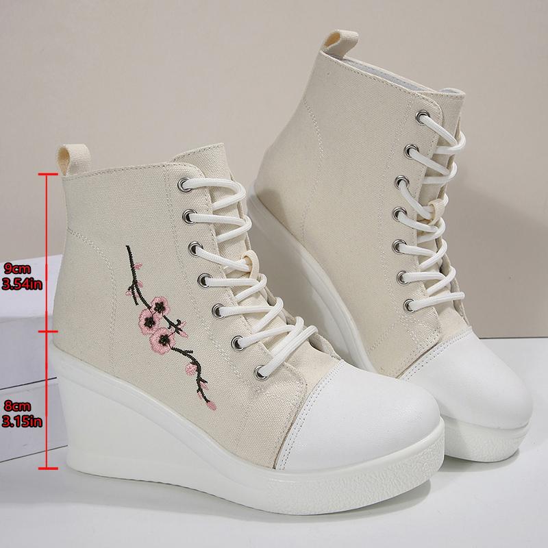 Fashion Floral Embroidered Wedge Ankle Boots for Women Autumn Lace Up High Top Casual Shoes Woman Plus Size Fashion Platform Short Boots