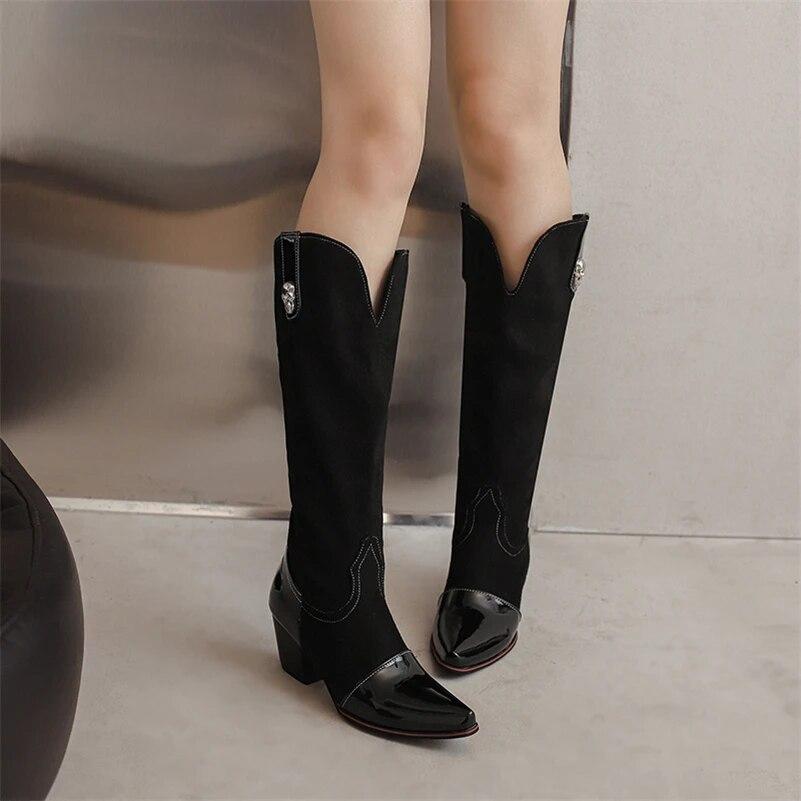 FOREADA Women Patent Leather Knee High Long Boots Square Toe Thick High Heels Western Cowgirl Boots Lady Fashion Shoes Winter 46