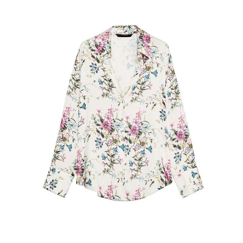 Spring New Women's Clothing Fashion Style Lapel Long Sleeves Silk Satin Texture Print Shirt 8503899