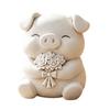 3D Printed Cute Pig Bouquet Figurine, Matte White Animal Sculpture, Smooth Decor Ornament with Rose & Bow, Stable Statue for Desktop Car Entrance