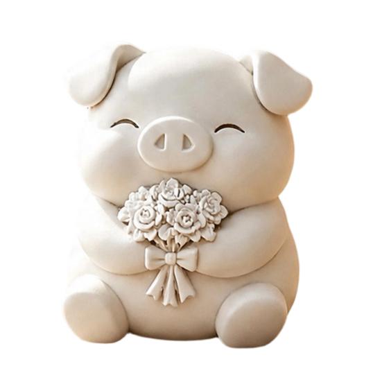 3D Printed Cute Pig Bouquet Figurine Matte White Animal Sculpture Smooth Decor Ornament