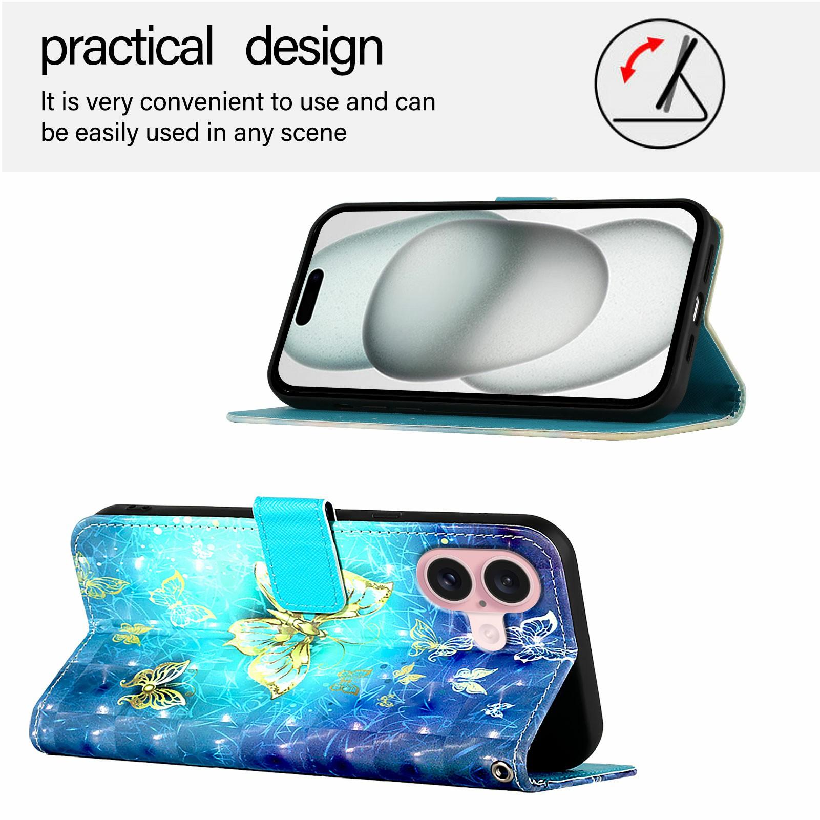 

For iPhone 16 Leather Case Pattern Printing Wallet Stand Mobile Cover with Strap Golden Butterflies
