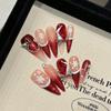 10pcs Christmas Stiletto Handmade Press On Nails Long Red Cat Eye French False Nails with 3D Rhinestone Design Fake Nail Uñas