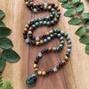 Natural 108 Beads Hand Knotted Mala Necklace,Smokey Quartz,Picture Jasper,African Turquoise,Kimbala Pendant,Healing Yoga Gift