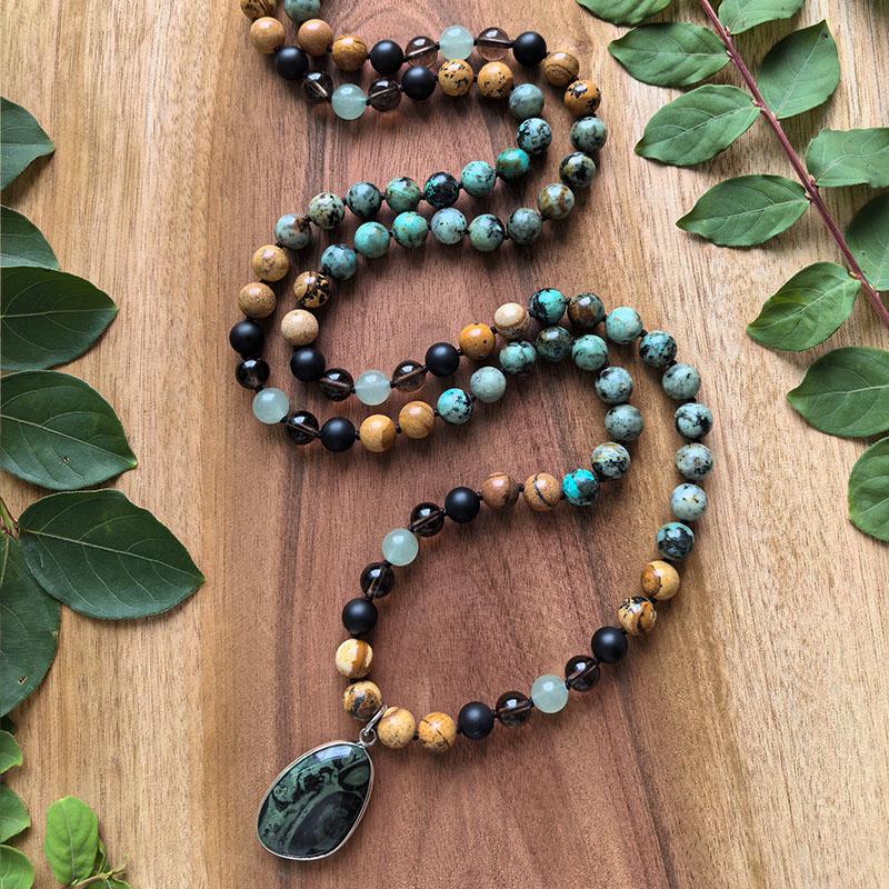 Natural 108 Beads Hand Knotted Mala Necklace,Smokey Quartz,Picture Jasper,African Turquoise,Kimbala Pendant,Healing Yoga Gift