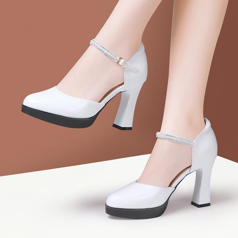 Fashion Genuine Leather Lady Pumps Thick Heel Shoes 7/9/11cm Super High Heel Waterproof Platform Womens Shoes Party Dress High Heels