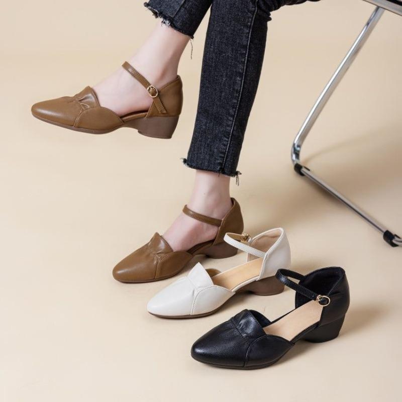 New Style of Coarse-heeled Soft Leather Shallow Toe Shoes, Versatile Soft-soled Mid-heel Women's Shoes