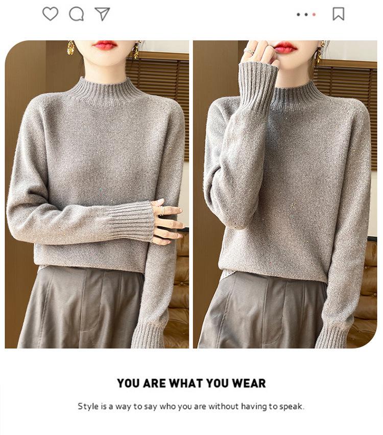 2024 Autumn/Winter High Neck Beaded Wool Sweater - Long Sleeve, Loose Fit