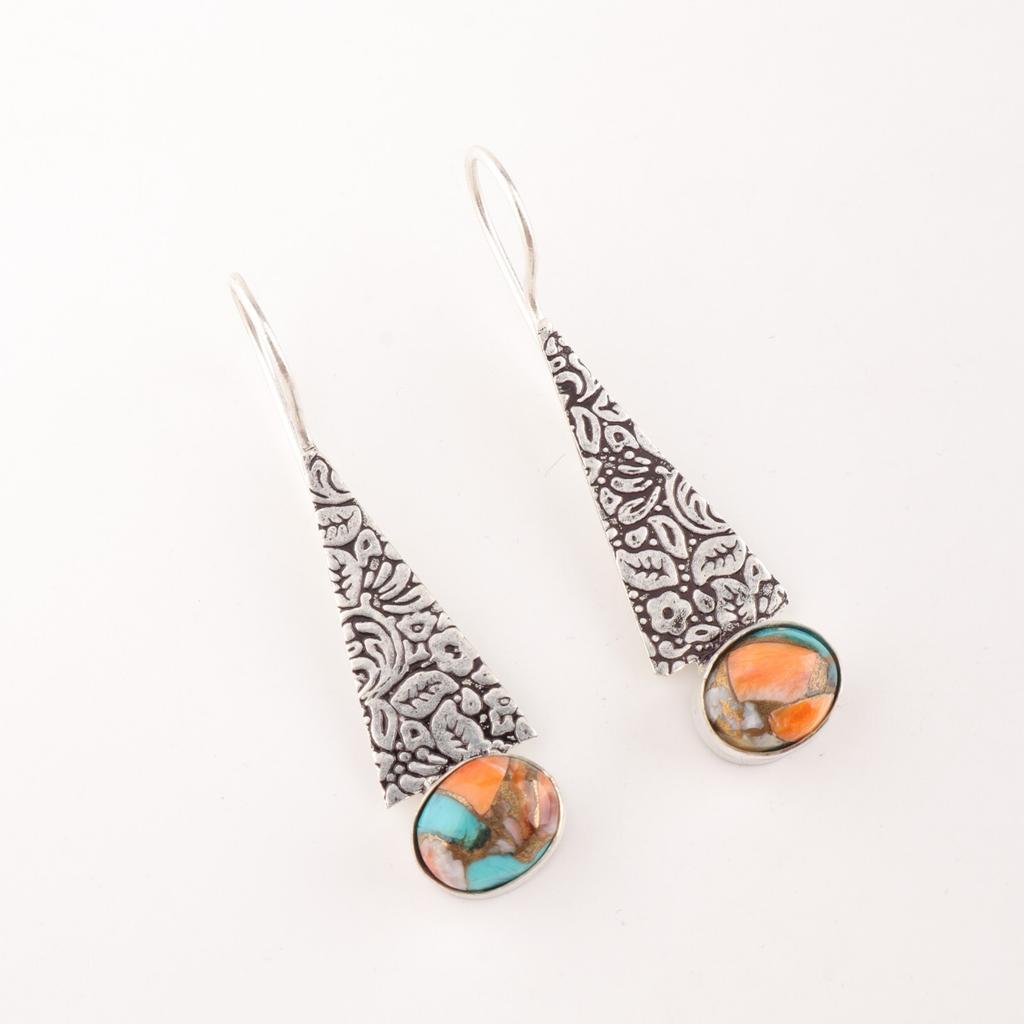 Natural Spiny Oyster Gemstone 925 Sterling Silver Jewelry Handmade Earrings 1.9" EE-165-45